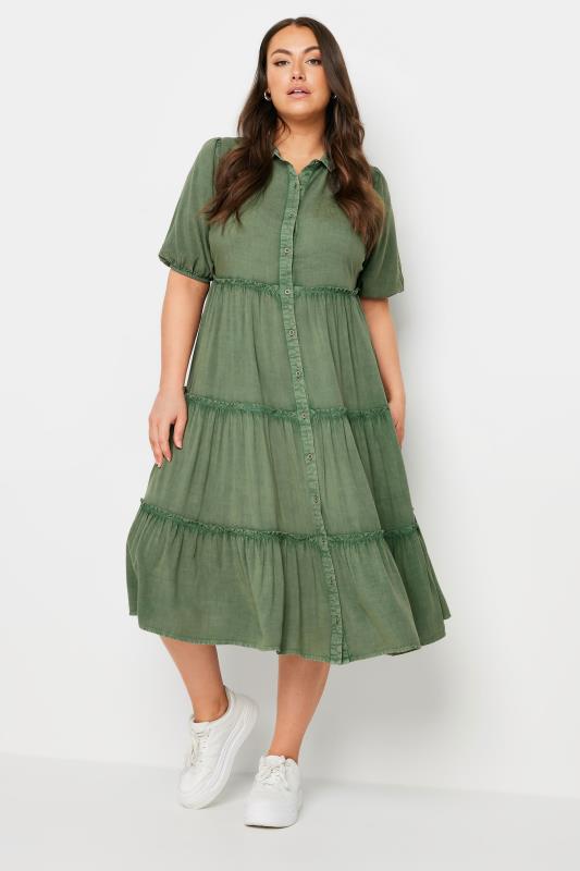 Plus Size  YOURS Curve Green Short Sleeve Tiered Chambray Midi Dress