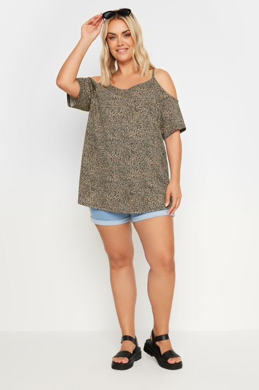 YOURS Plus Size Brown Leopard Print Cold Shoulder Top | Yours Clothing 2