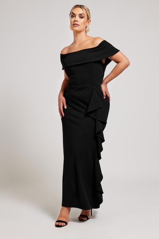 YOURS LONDON Plus Size Black Ruffle Bardot Maxi Dress | Yours Clothing 1