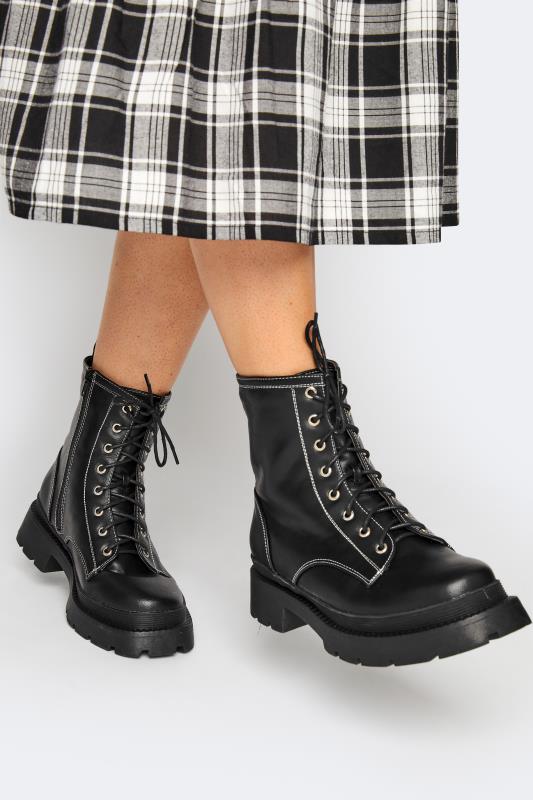 LIMITED COLLECTION Black Contrast Stitch Chunky Boots In Extra Wide Fit | Yours Clothing 2