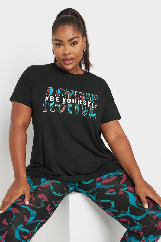  YOURS ACTIVE Curve Black 'Be Yourself' Slogan Print Top