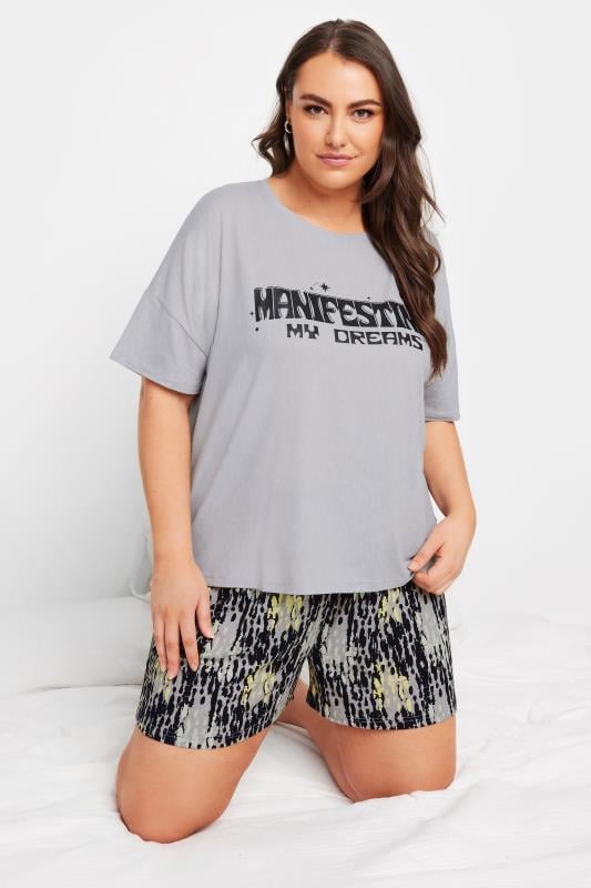 Plus Size  YOURS Curve Grey 'Manifesting My Dreams' Slogan Pyjama Set