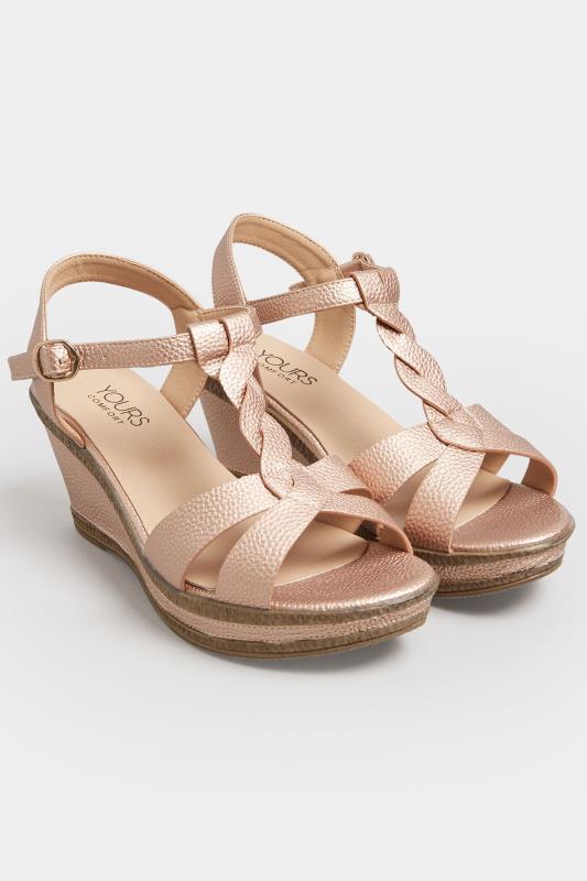 Rose Gold Cross Strap Wedge Heels In Extra Wide EEE Fit | Yours Clothing  2