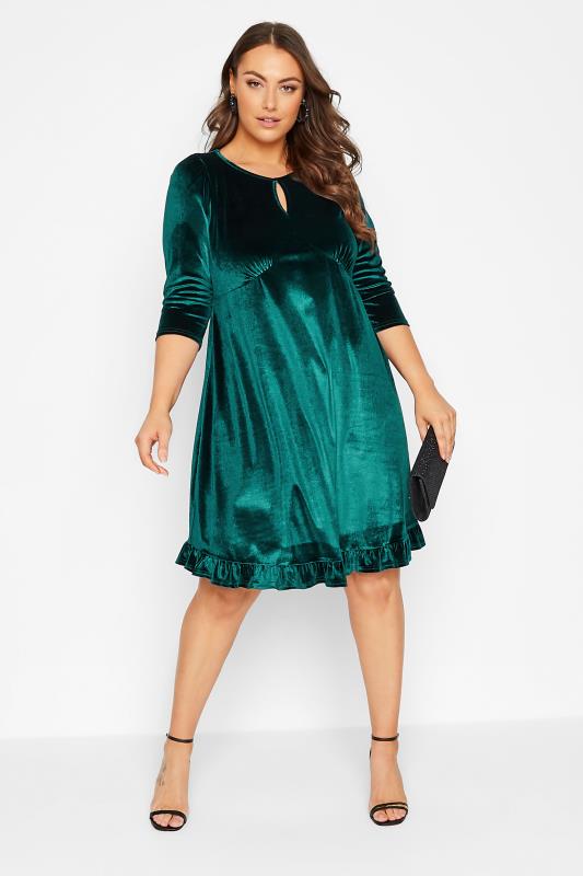 Plus Size  YOURS Curve Emerald Green Velvet Keyhole Midi Dress