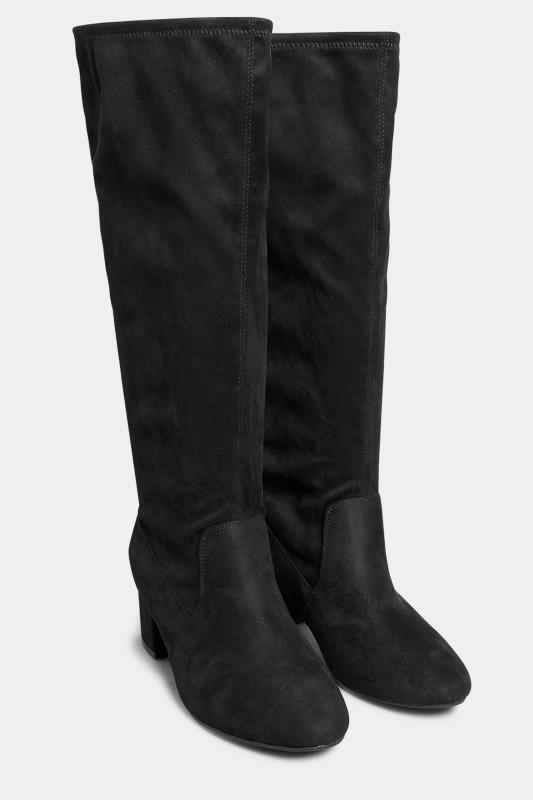 Black Faux Suede Stretch Heeled Knee High Boots In Extra Wide EEE Fit 2