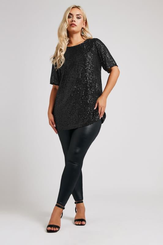 YOURS LONDON Plus Size Black Sequin Swing Top | Yours Clothing  2