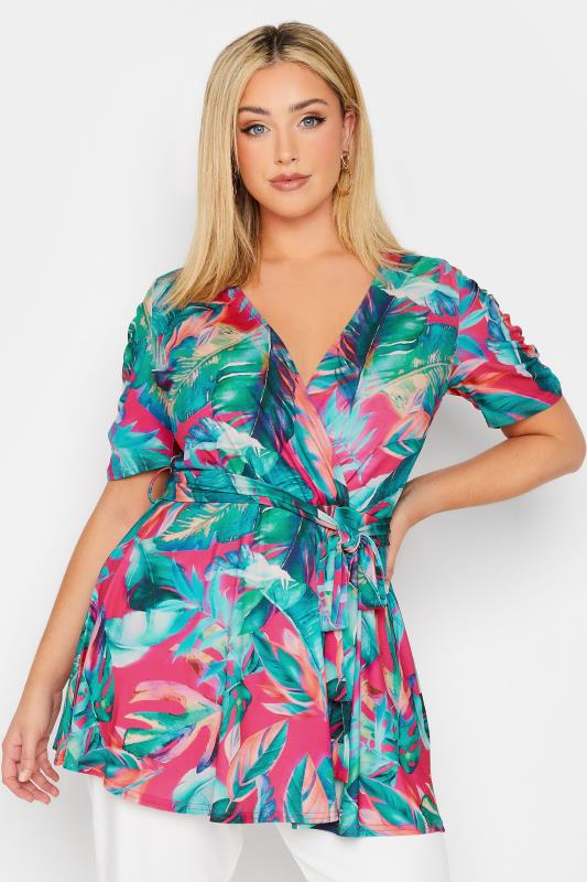 YOURS LONDON Plus Size Curve Blue Tropical Print Wrap Top | Yours Clothing  1