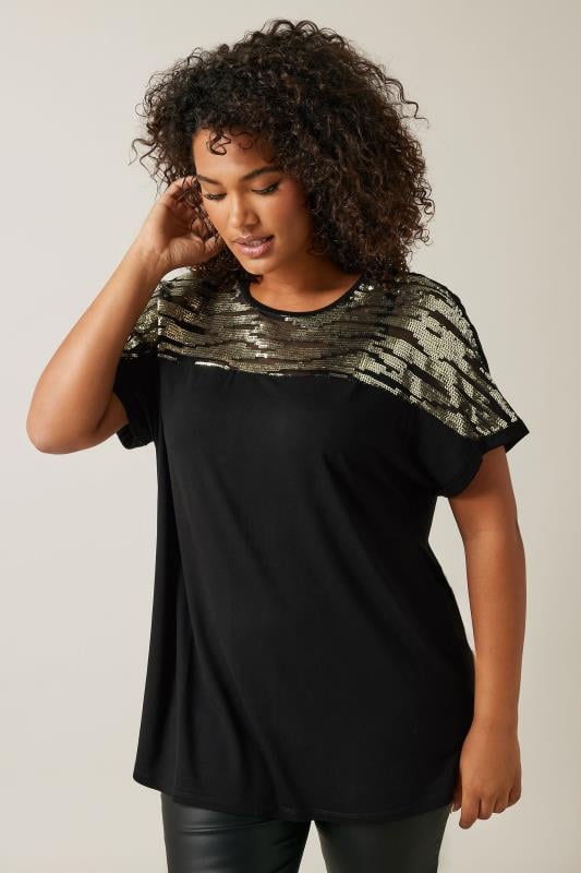 EVANS Plus Size Black & Gold Sequin Embellished T-Shirt | Evans 1