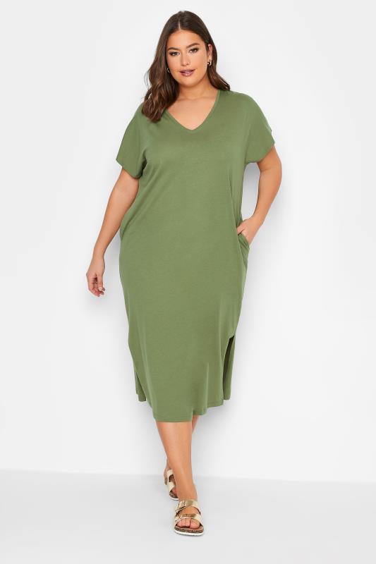 YOURS Plus Size Khaki Green Side Split Midaxi T-Shirt Dress | Yours Clothing 1