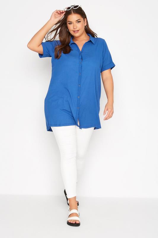 Plus Size Cobalt Blue Crinkle Button Through Shirt | Yours Clothing  2