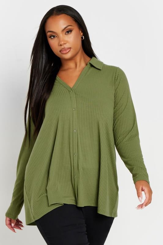 YOURS Plus Size Green Ribbed Collared Top | Yours Clothing 4