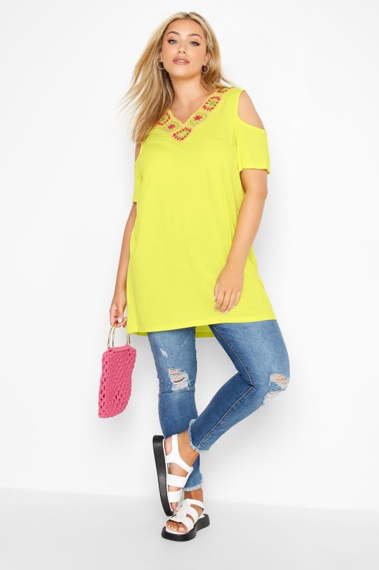 Plus Size Yellow Crochet Neckline Cold Shoulder Top | Yours Clothing 2