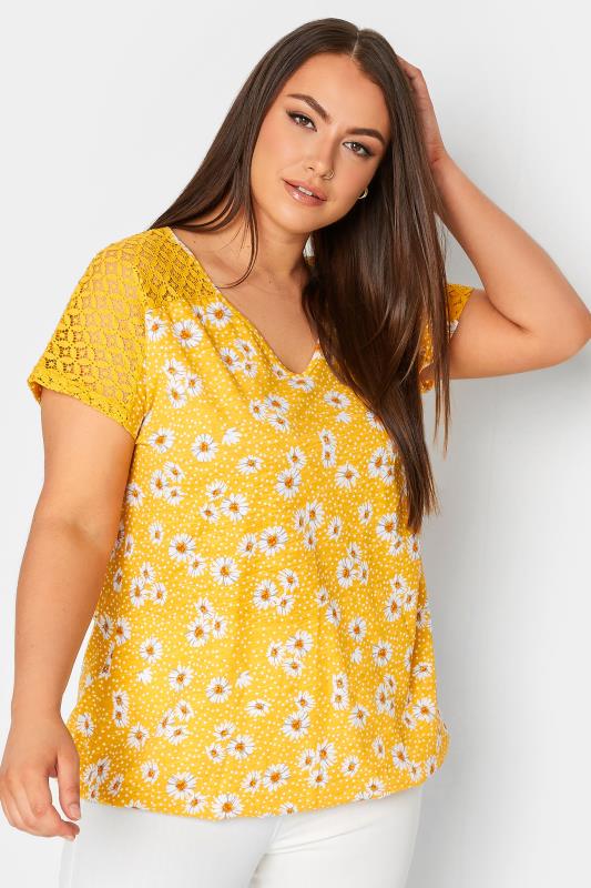 Plus Size Yellow Daisy Floral Print Lace Detail Bubble Hem T-Shirt | Yours Clothing 1