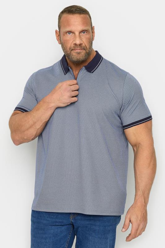 BadRhino Big & Tall Blue Textured Zip Neck Polo Shirt | BadRhino 1
