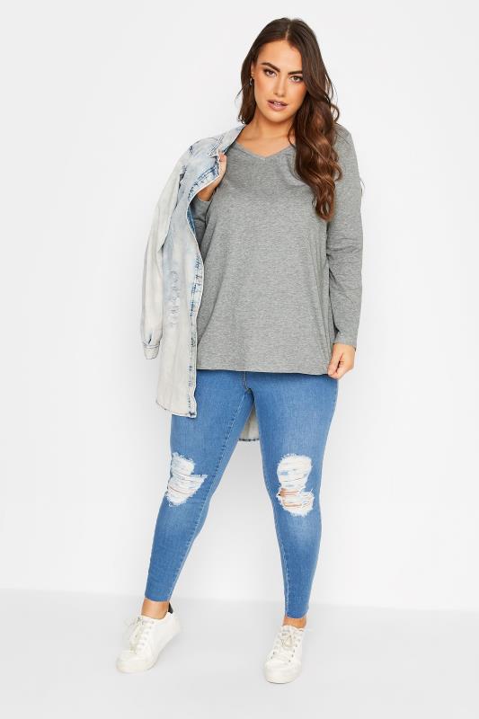 YOURS Plus Size Grey Marl Long Sleeve V-Neck T-Shirt - Petite| Yours Clothing 2