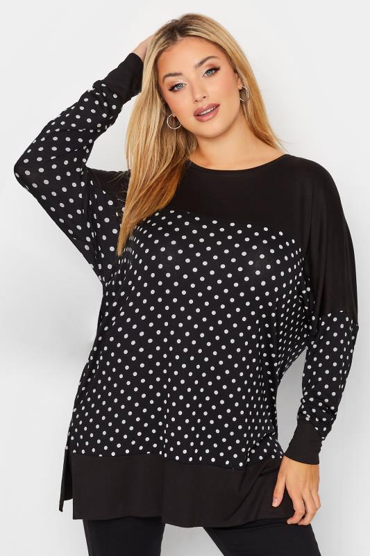 Plus Size Black Spot Print Long Sleeve Top | Yours Clothing 1