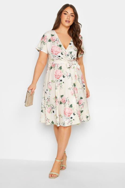 YOURS LONDON Curve Ivory White Floral Wrap Skater Dress