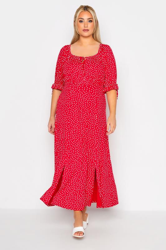 LIMITED COLLECTION Curve Red Spot Print Milkmaid Side Split Maxi Dress_B.jpg