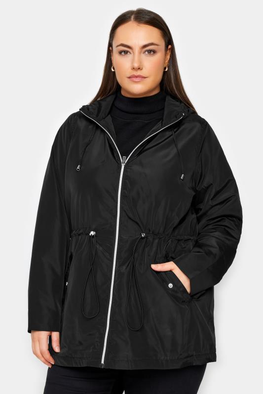 Plus Size  Evans Black Drawstring Hooded Raincoat