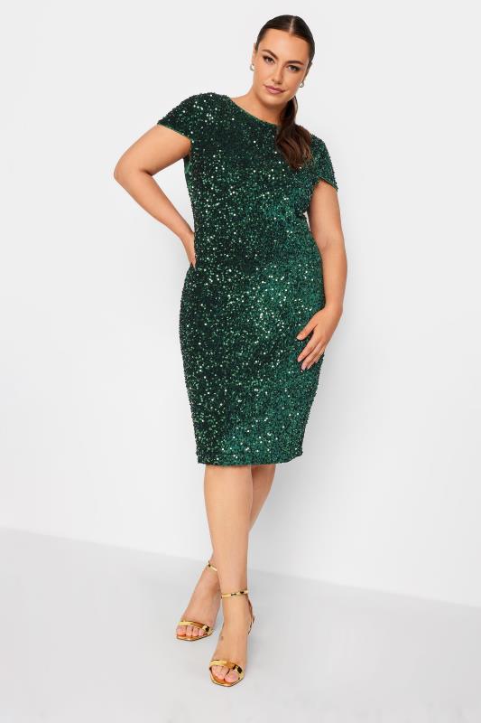 YOURS LONDON Curve Forest Green Sequin Embellished Velvet Shift Dress | Yours Clothing 1