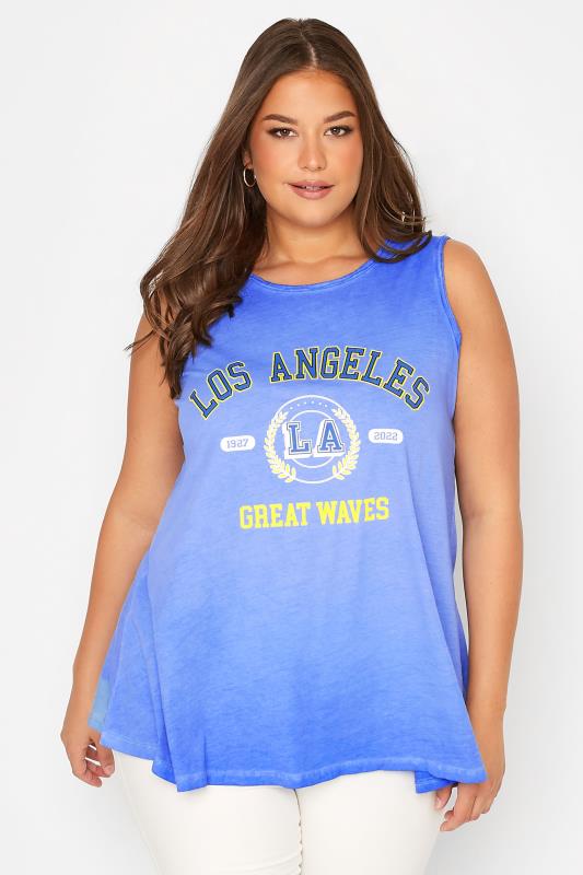 Plus Size Blue 'Los Angeles' Slogan Vest Top | Yours Clothing  1