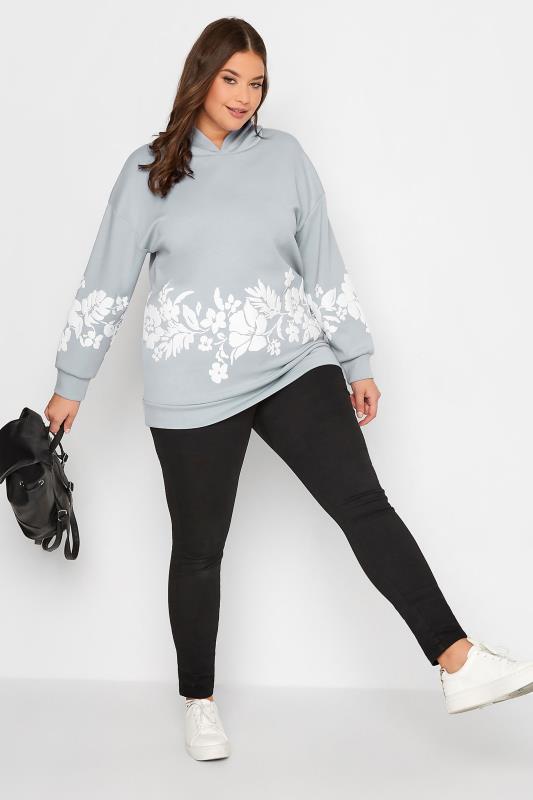 Curve Plus Size Light Blue Floral Detail Hoodie | Yours Clothing  2