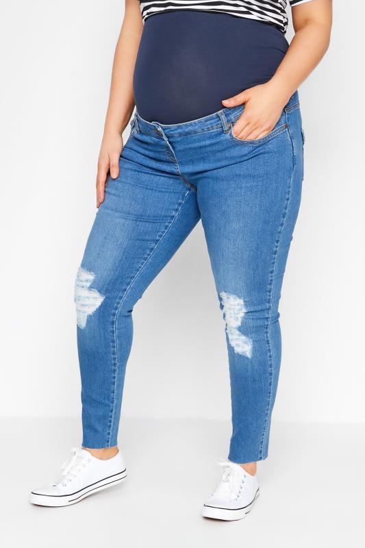 Plus Size  BUMP IT UP MATERNITY Curve Light Blue Ripped Stretch AVA Jeans With Comfort Panel