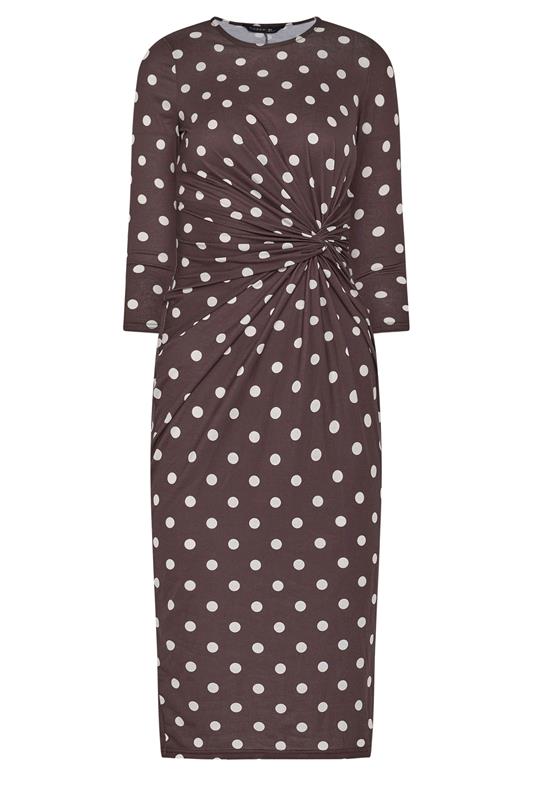 PixieGirl Petite Women's Chocolate Brown Polka Dot Twist Front Midi Dress | PixieGirl 6