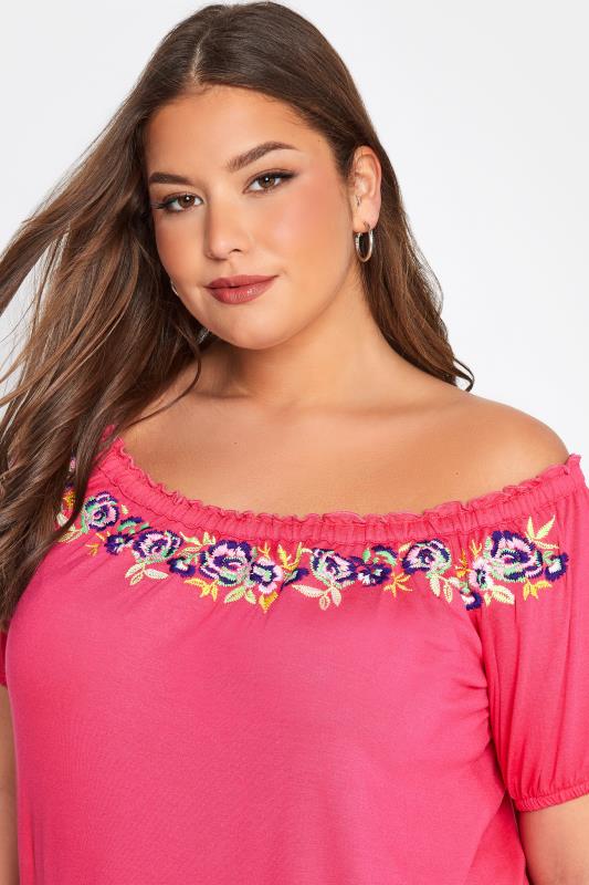 Curve Pink Embroidered Floral Print Bardot Top 4