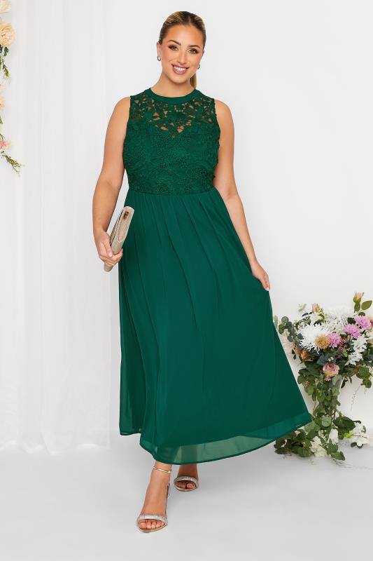Plus Size YOURS LONDON Curve Forest Green Lace Front Chiffon Maxi Dress | Yours Clothing  1