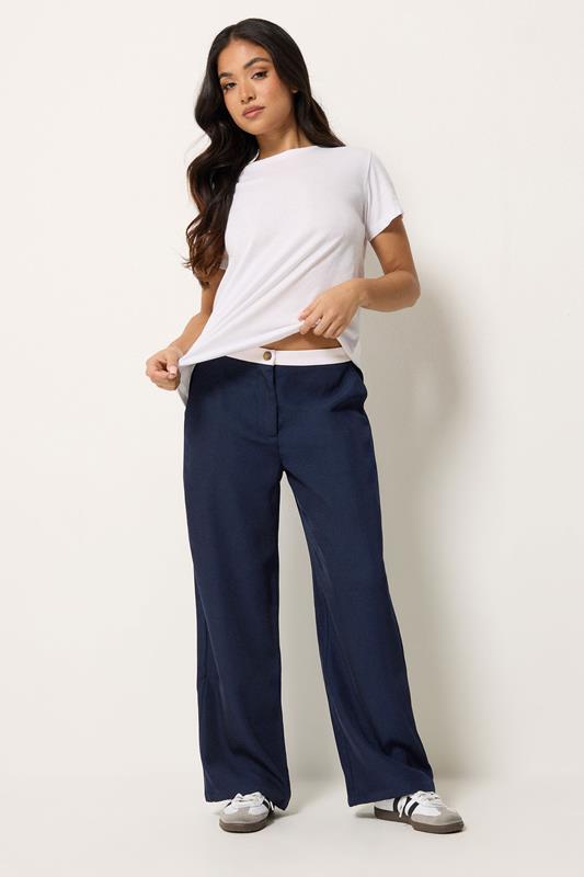 PixieGirl Petite Blue Button Detail Wide Leg Trousers | PixieGirl  1