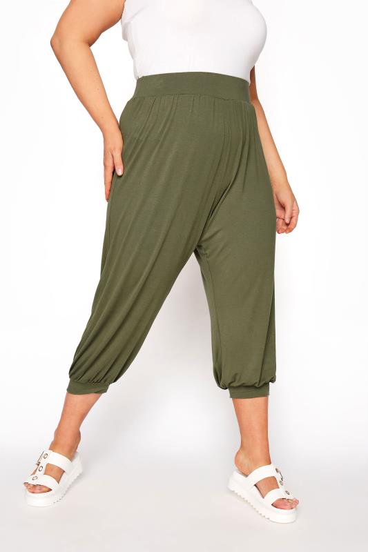  Grande Taille Curve Khaki Green Cropped Jersey Harem Joggers