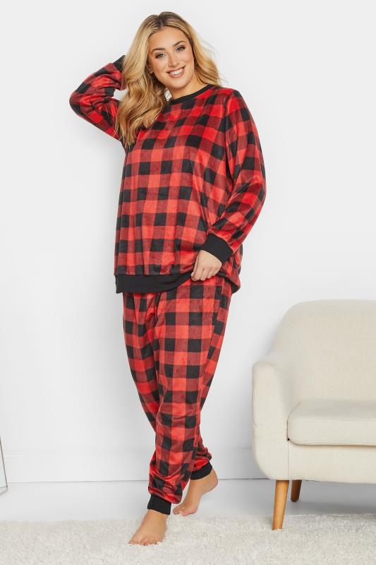Plus Size Black & Red Check Print Fleece Lounge Set | Yours Clothing 2