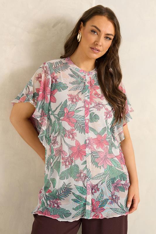 EVANS Curve Green Floral Frill sleeve Blouse | Evans 1