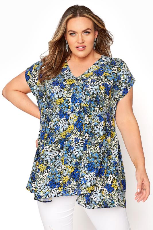 YOURS LONDON Blue Multicoloured Ditsy Dipped Hem Top_A.jpg