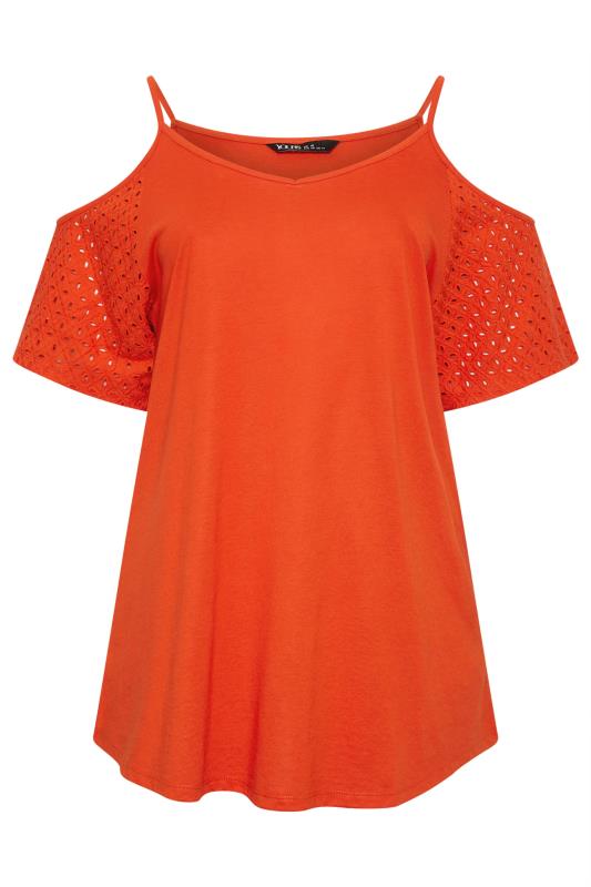 YOURS Plus Size Orange Broderie Anglaise Cold Shoulder Top | Yours Clothing 5