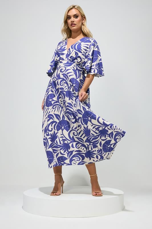  YOURS LONDON Vestido cruzado azul con estampado floral de lino