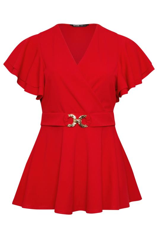 Plus Size  YOURS LONDON Curve Red Buckle Detail Peplum Top