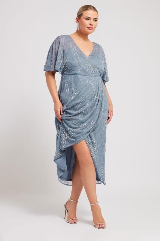 LUXE Plus Size Blue Embellished Wrap Midi Dress Yours Clothing