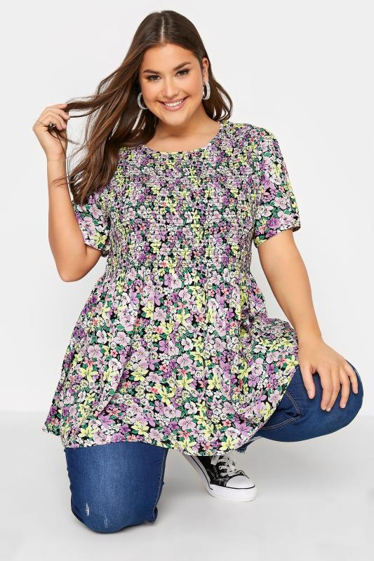 Plus Size Black & Purple Floral Print Shirred Smock Top | Yours Clothing  1