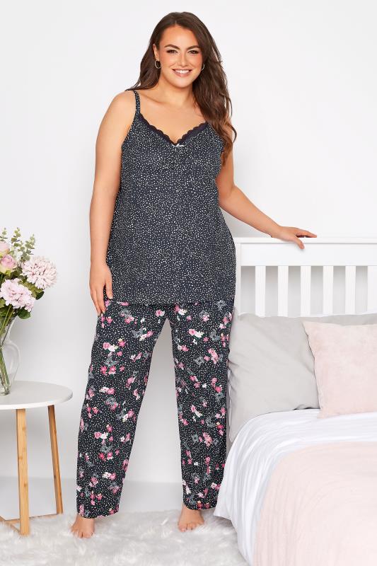 Plus Size Navy Blue Spot Print Lace Trim Cami Pyjama Top | Yours Clothing  4