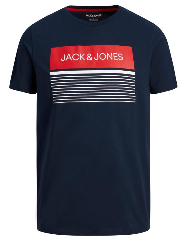 JACK & JONES Big & Tall Navy Blue Stripe Logo Print T-Shirt | BadRhino 2