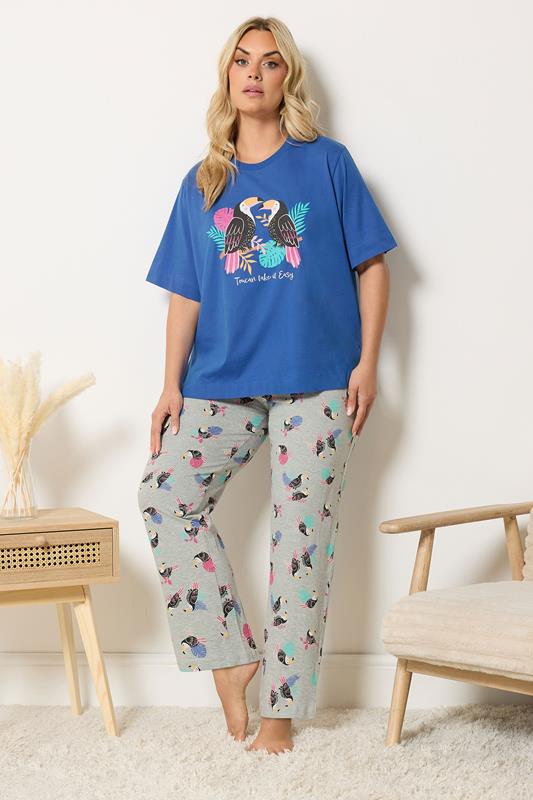 YOURS Plus Size Blue 'Toucan Take It Easy' Slogan Wide Leg Pyjama Set | Yours Clothing 1
