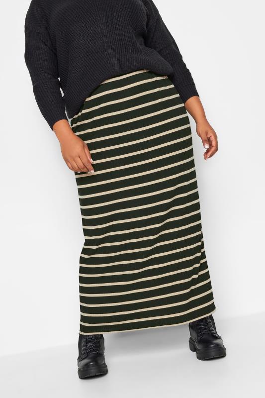 Plus Size  Yours Curve Black & Beige Brown Stripe Ribbed Maxi Skirt