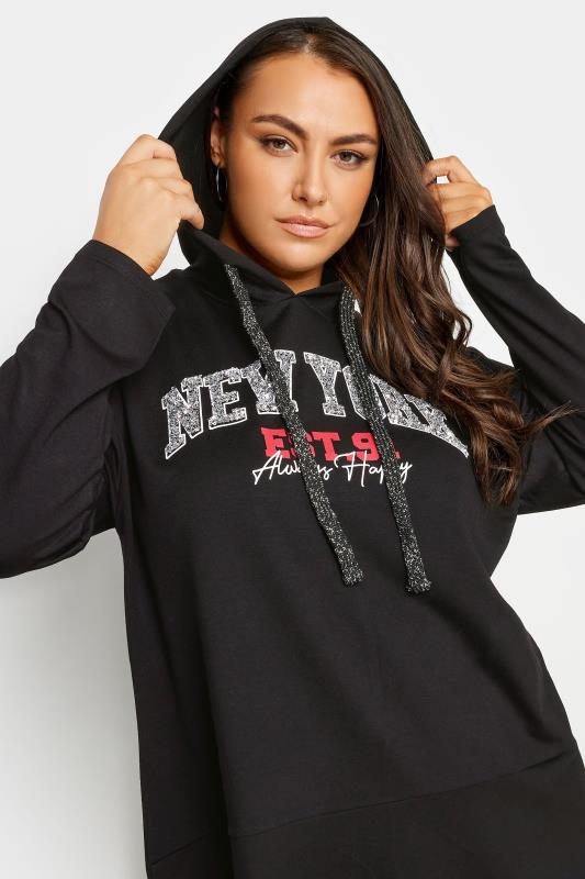 YOURS Plus Size Black 'New York' Slogan Longline Hoodie | Yours Clothing 5