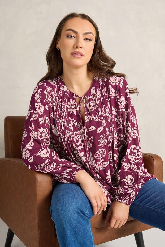EVANS Plus Size Berry Red Floral Pintuck Tie Neck Blouse | Evans 1