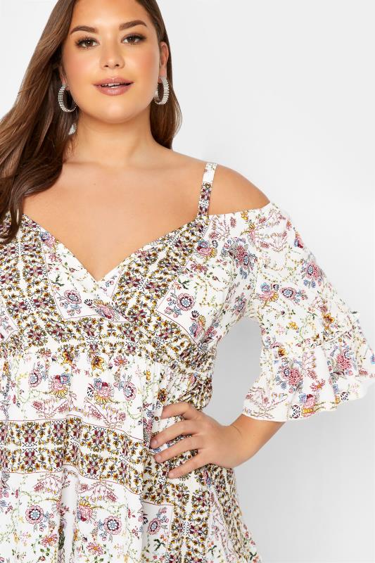 Plus Size White Floral Print Cold Shoulder Top | Yours Clothing  4
