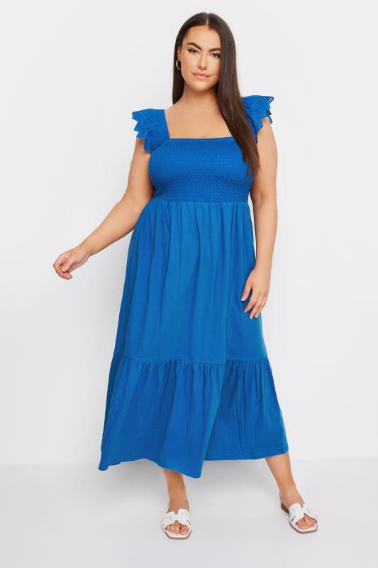 YOURS Plus Size Blue Frill Sleeve Shirred Midaxi Dress | Yours Clothing 2
