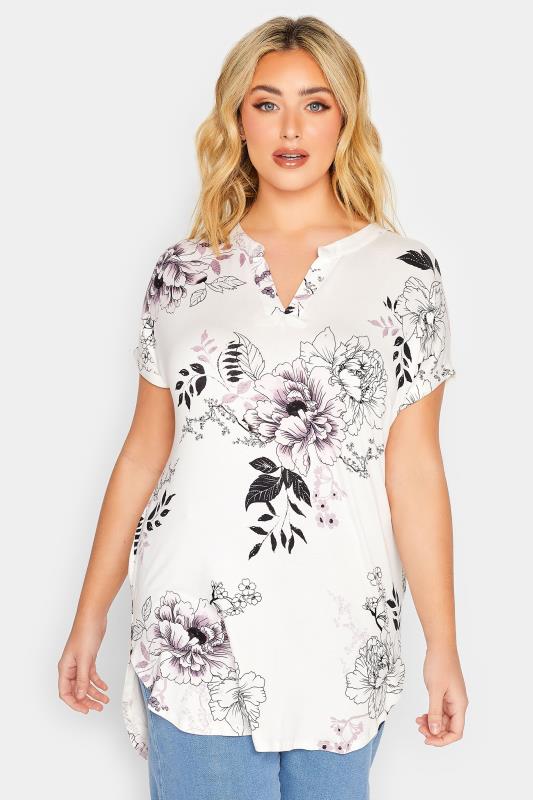 YOURS Plus Size White Floral Print Half Placket Blouse | Yours Clothing  1