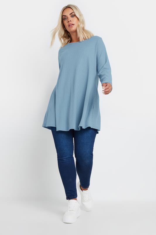 YOURS Plus Size Light Blue Ribbed Swing Top | Yours Clothing 2